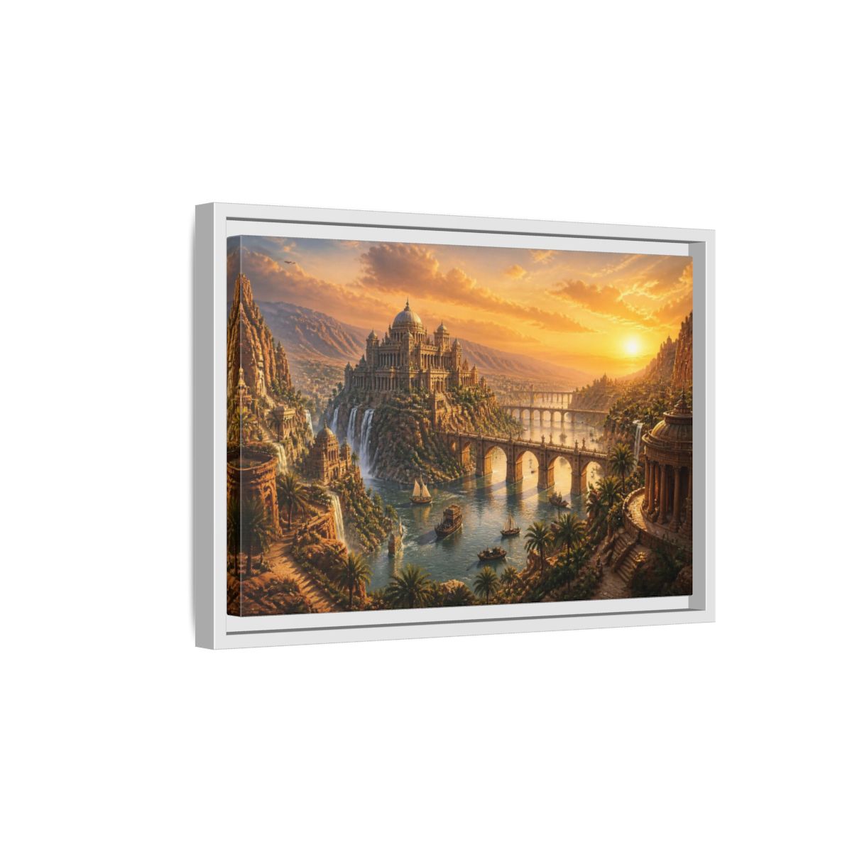 Side Mockup 4. Palace Landscape At Sunset shown as framed canvas print