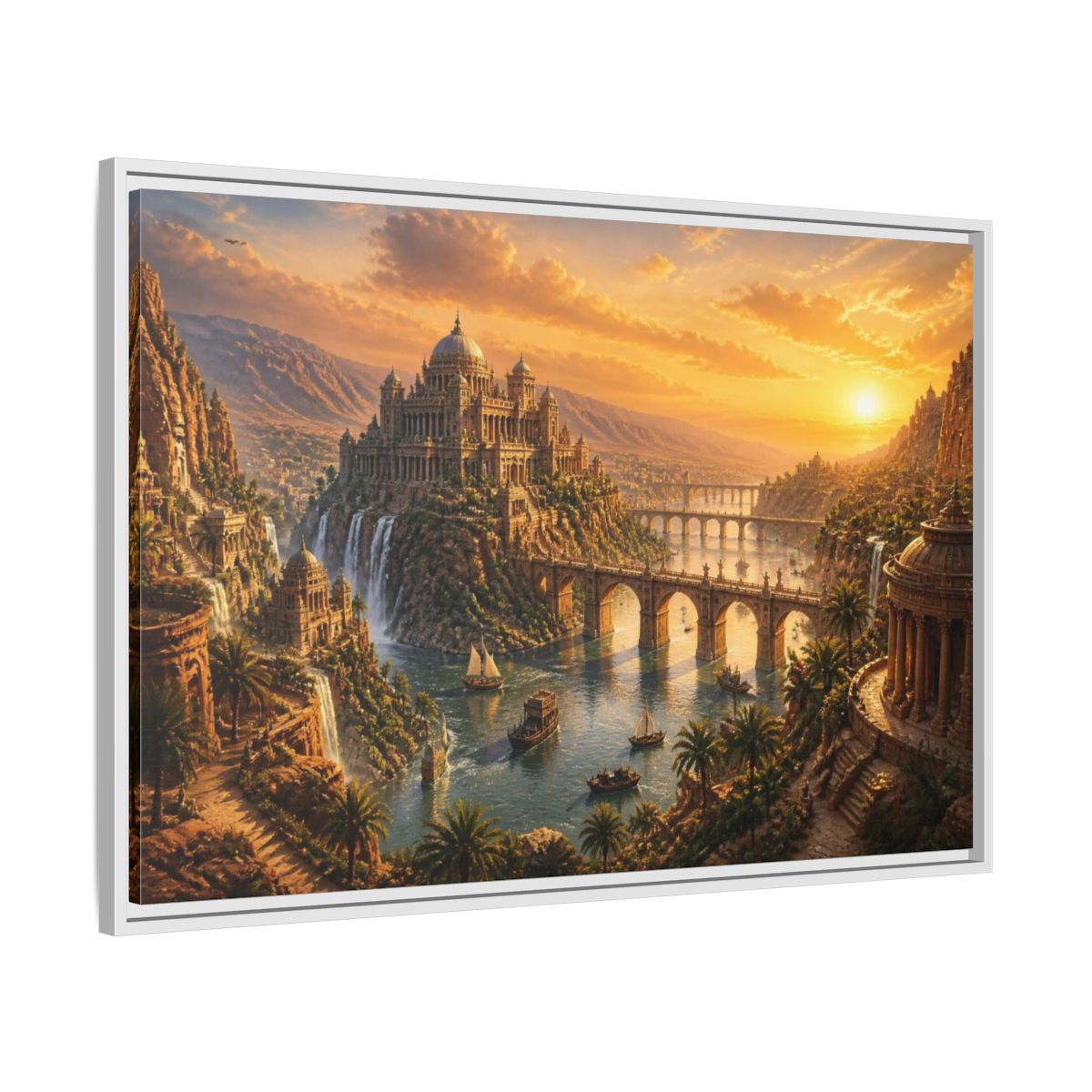 Side Mockup 9. Palace Landscape At Sunset shown as framed canvas print