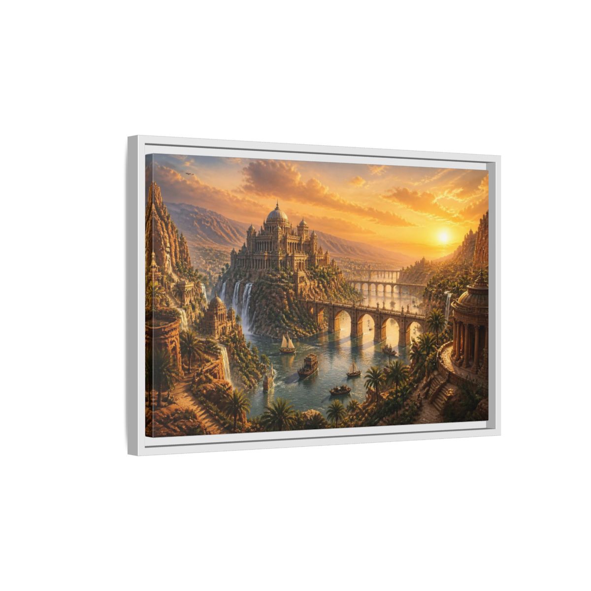 Side Mockup 1. Palace Landscape At Sunset shown as framed canvas print