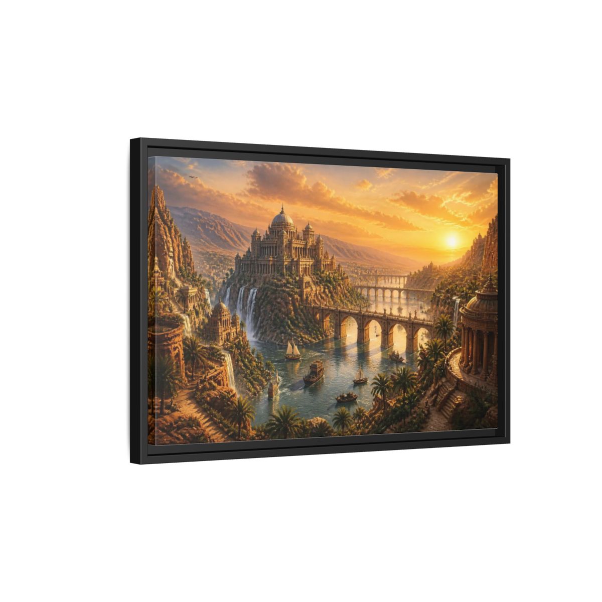 Side Mockup 3. Palace Landscape At Sunset shown as framed canvas print