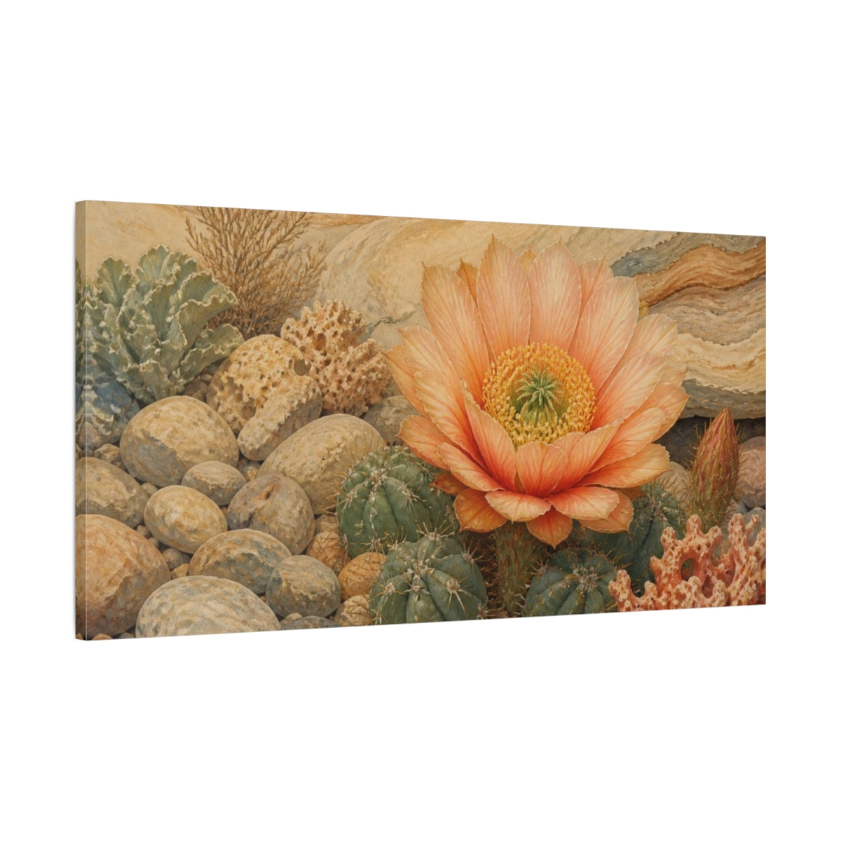 Main Mockup. Peach Cactus Bloom shown as canvas print