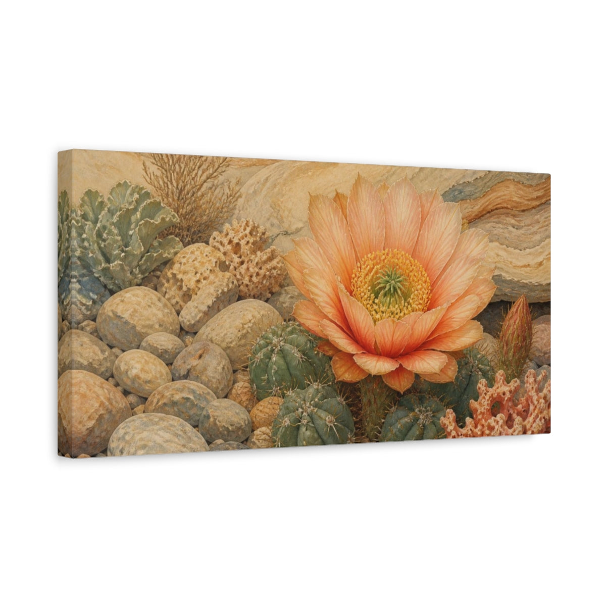 Side Mockup 3. Peach Cactus Bloom shown as canvas print