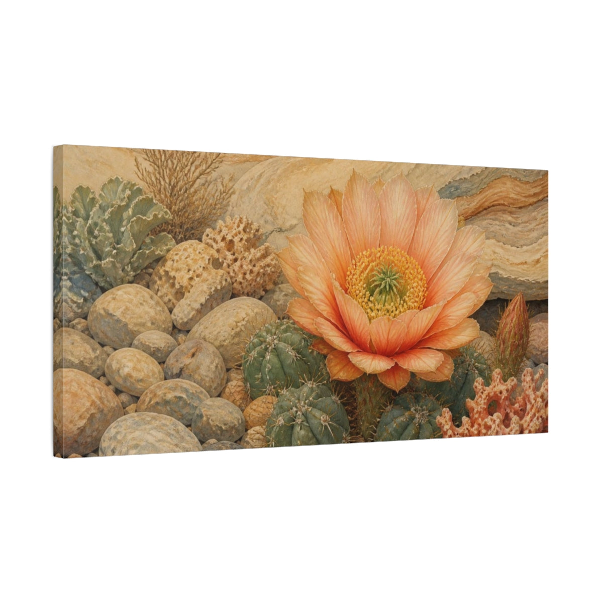 Side Mockup 1. Peach Cactus Bloom shown as canvas print