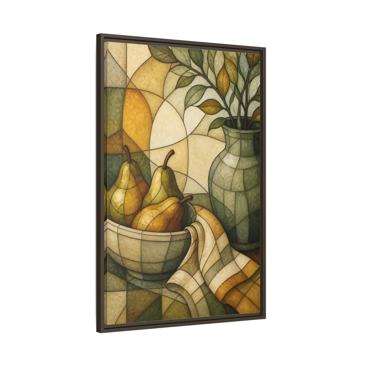 Main Mockup. Pears In Stained Glass shown as framed canvas print
