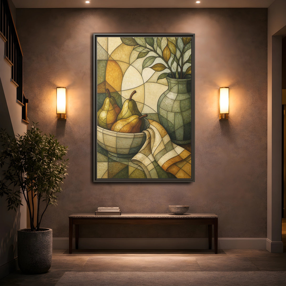 Mockup 2. Pears In Stained Glass shown as framed canvas print