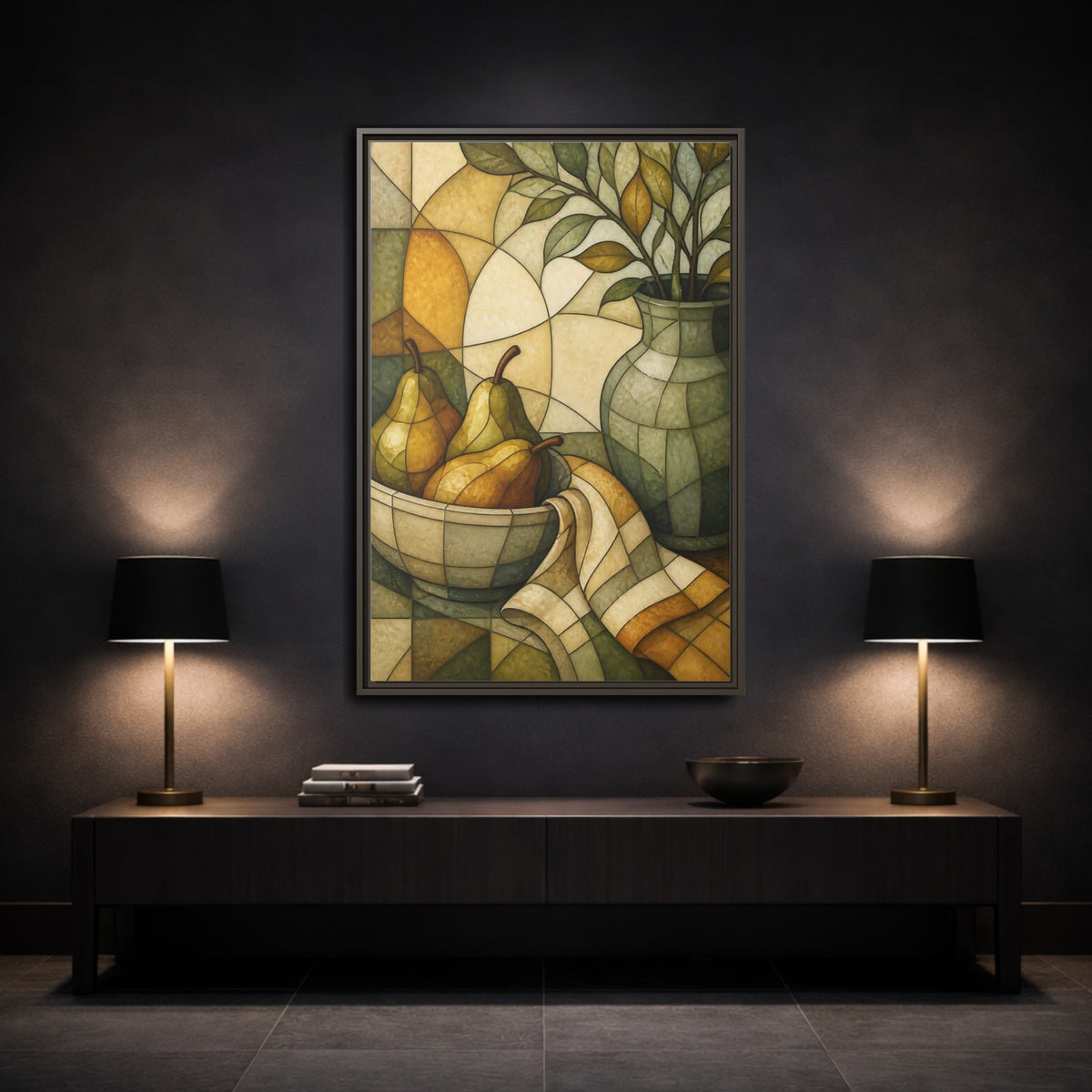 Mockup 3. Pears In Stained Glass shown as framed canvas print