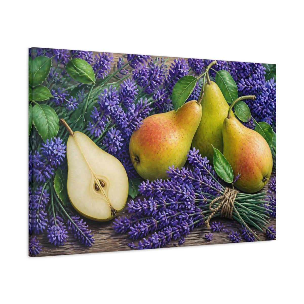 Main Mockup. Pears With Floral Lavender shown as canvas print