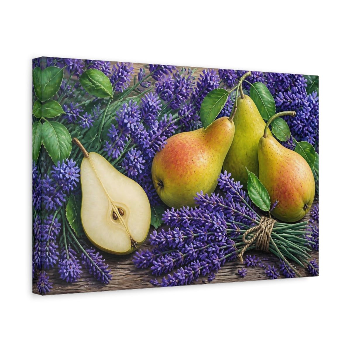 Side Mockup 4. Pears With Floral Lavender shown as canvas print