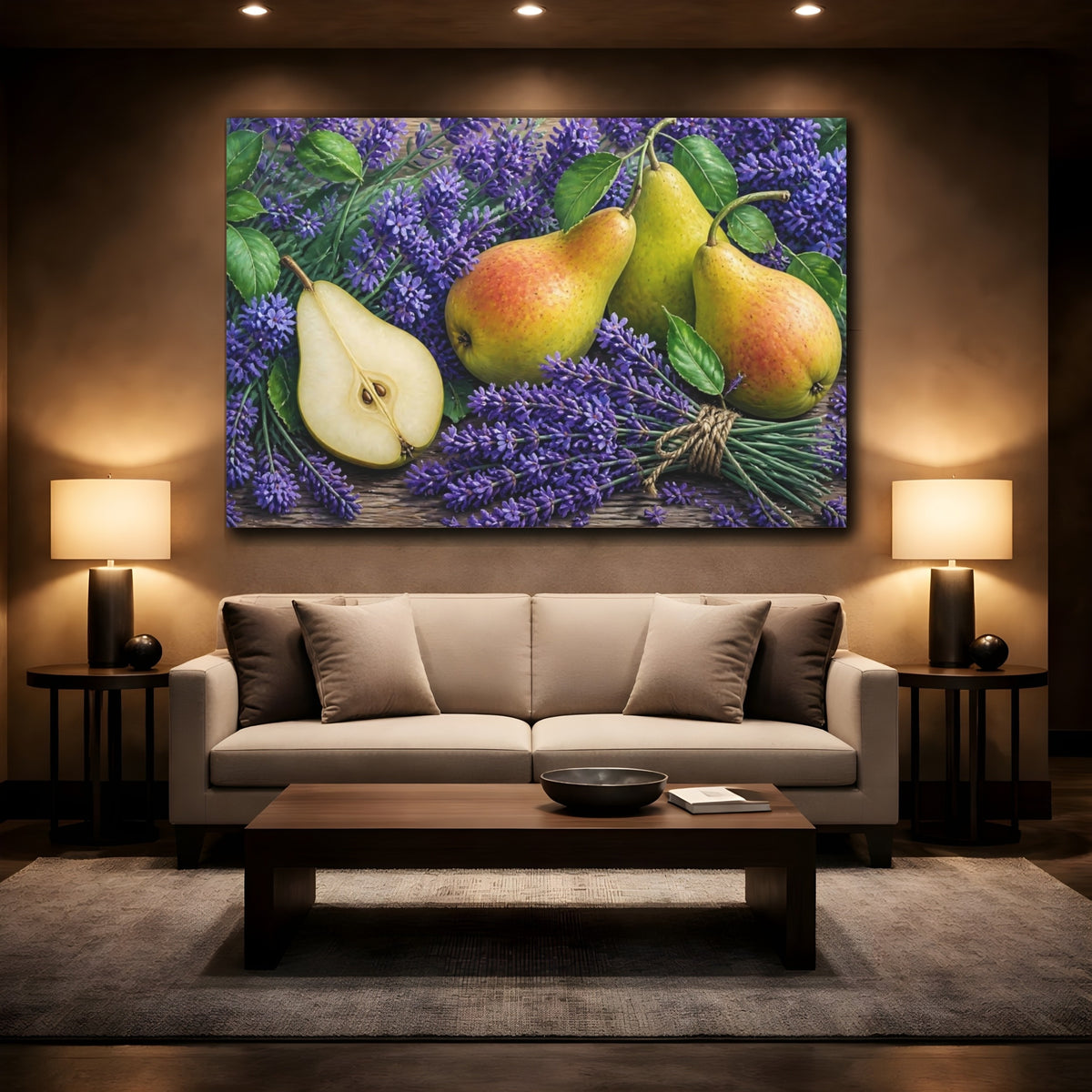 Mockup 2. Pears With Floral Lavender shown as canvas print