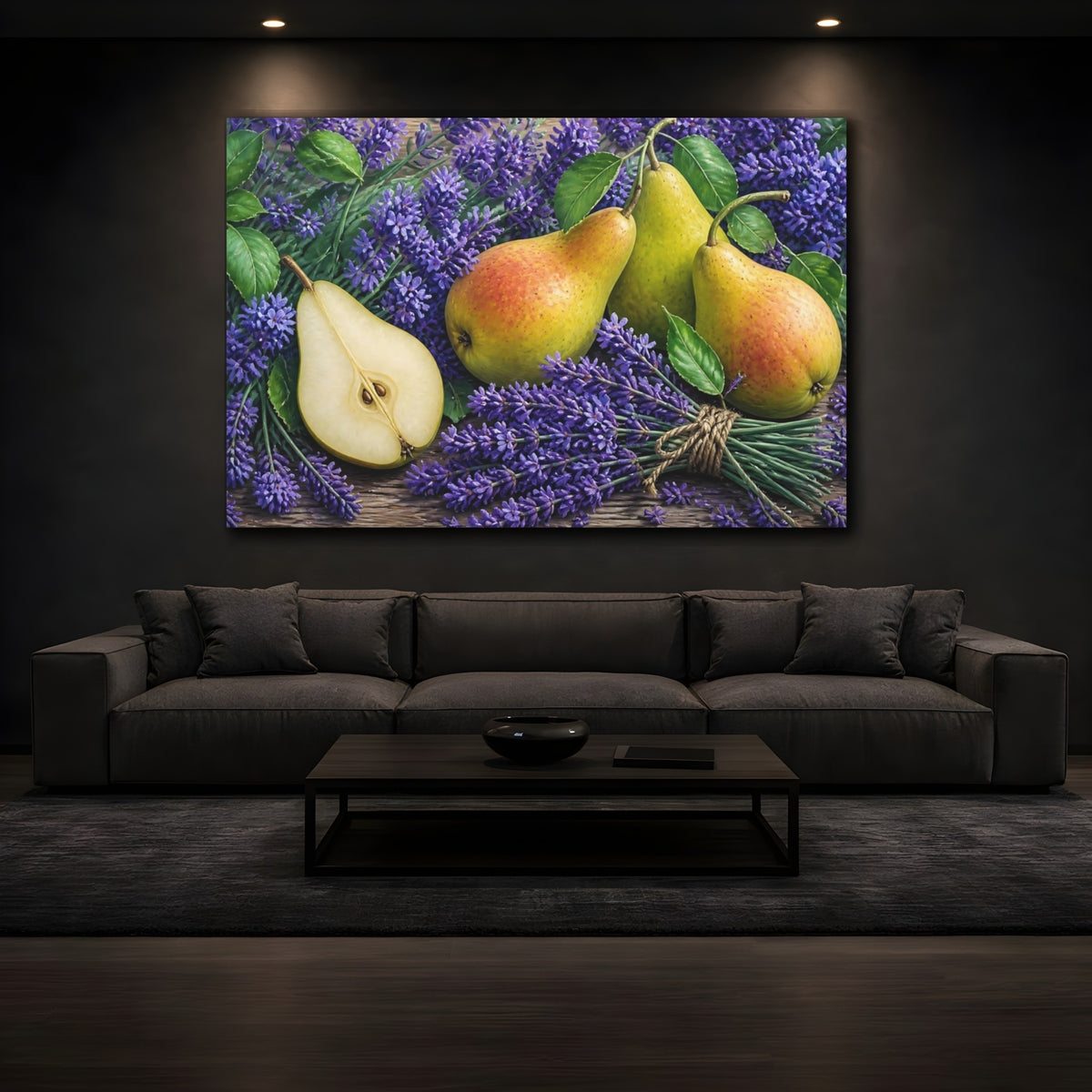 Mockup 3. Pears With Floral Lavender shown as canvas print