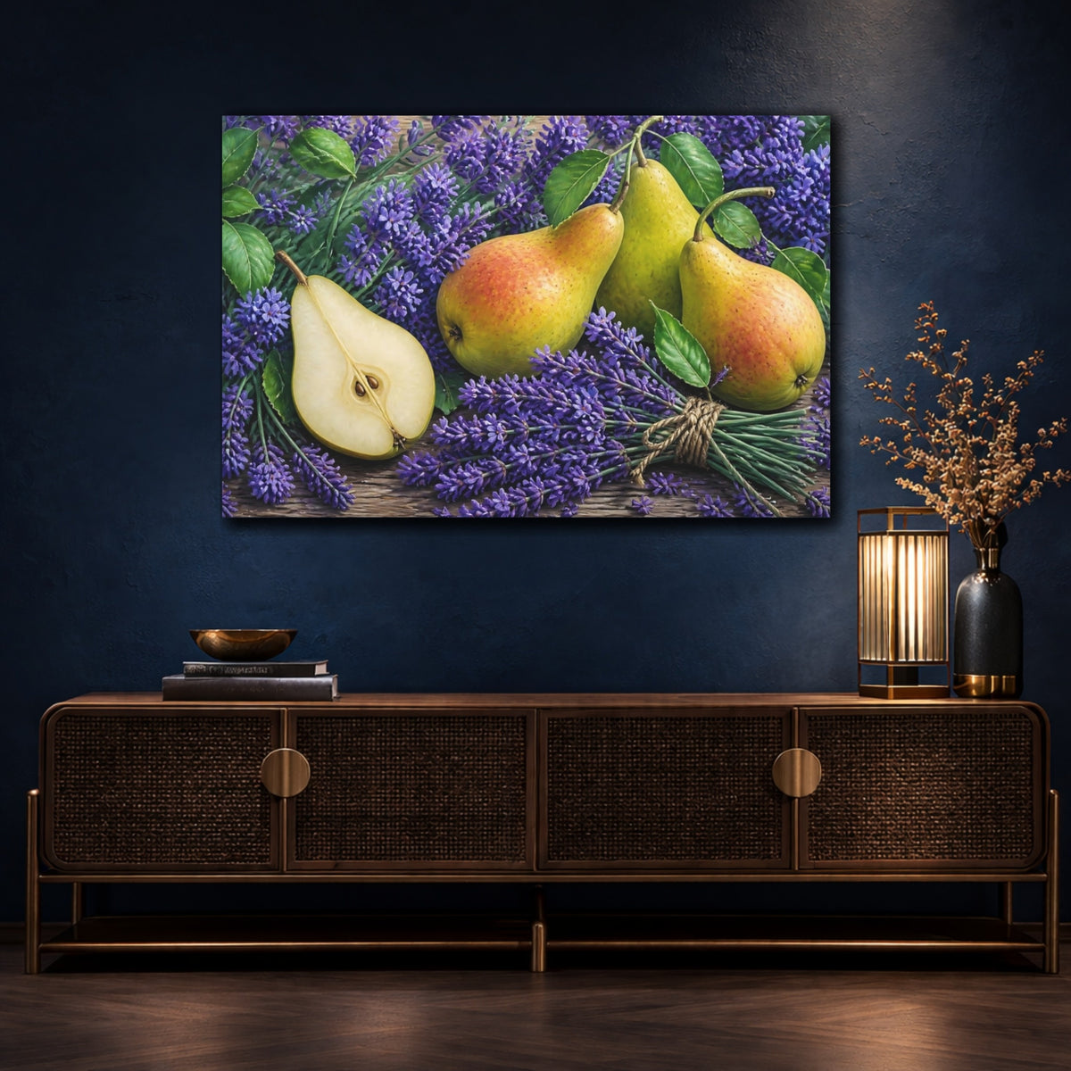 Mockup 4. Pears With Floral Lavender shown as canvas print