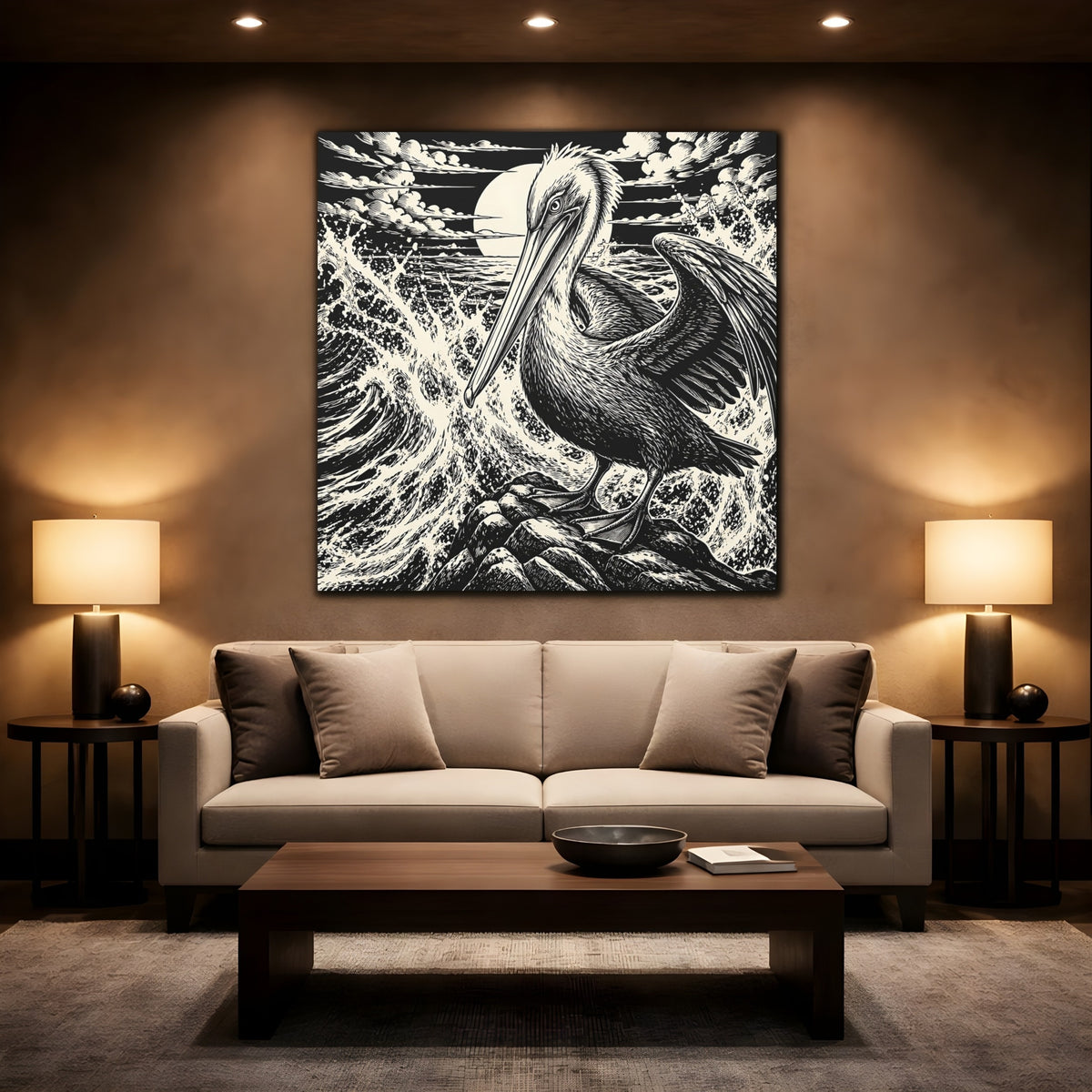 Mockup 2. Pelican Animal Illustration shown as canvas print
