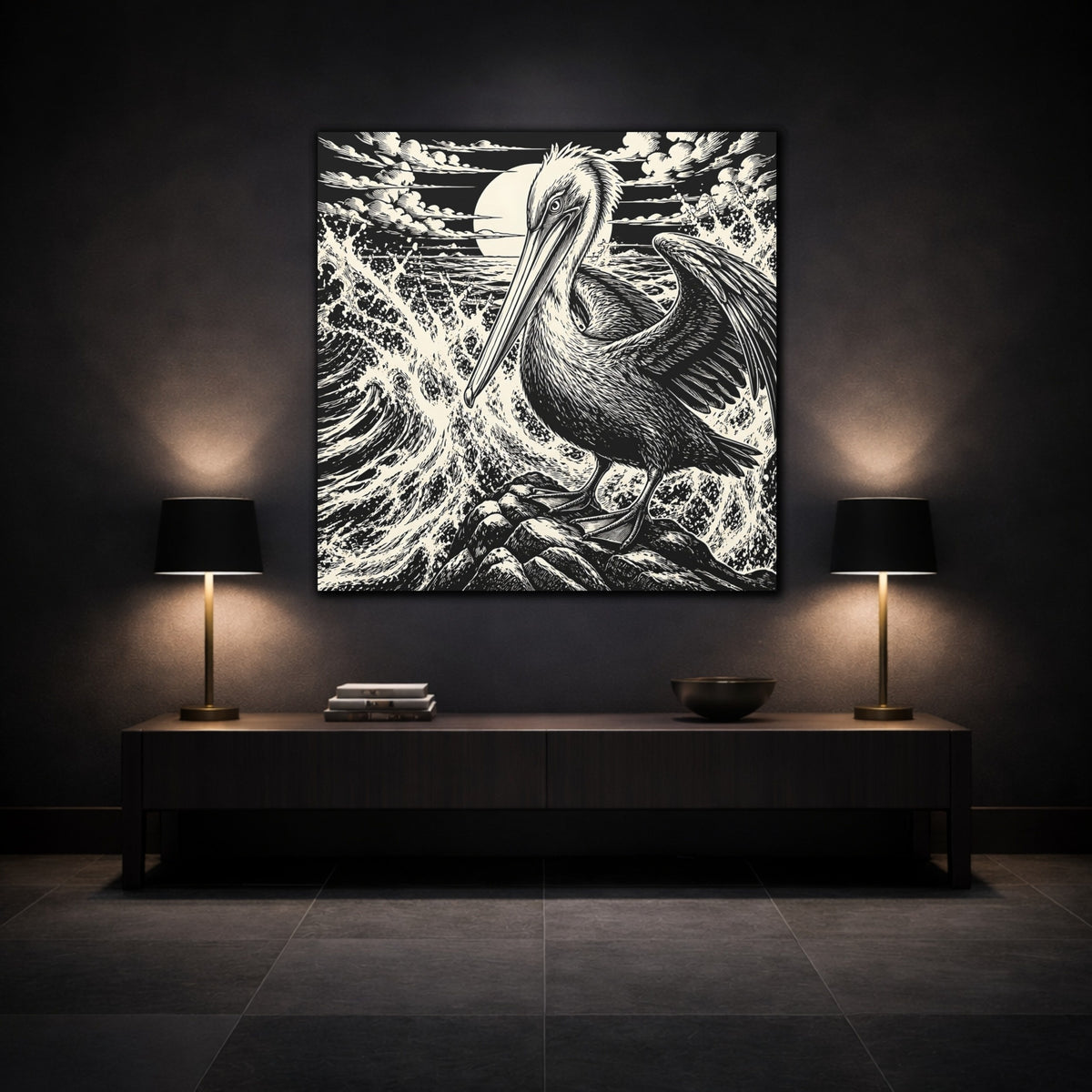 Mockup 3. Pelican Animal Illustration shown as canvas print