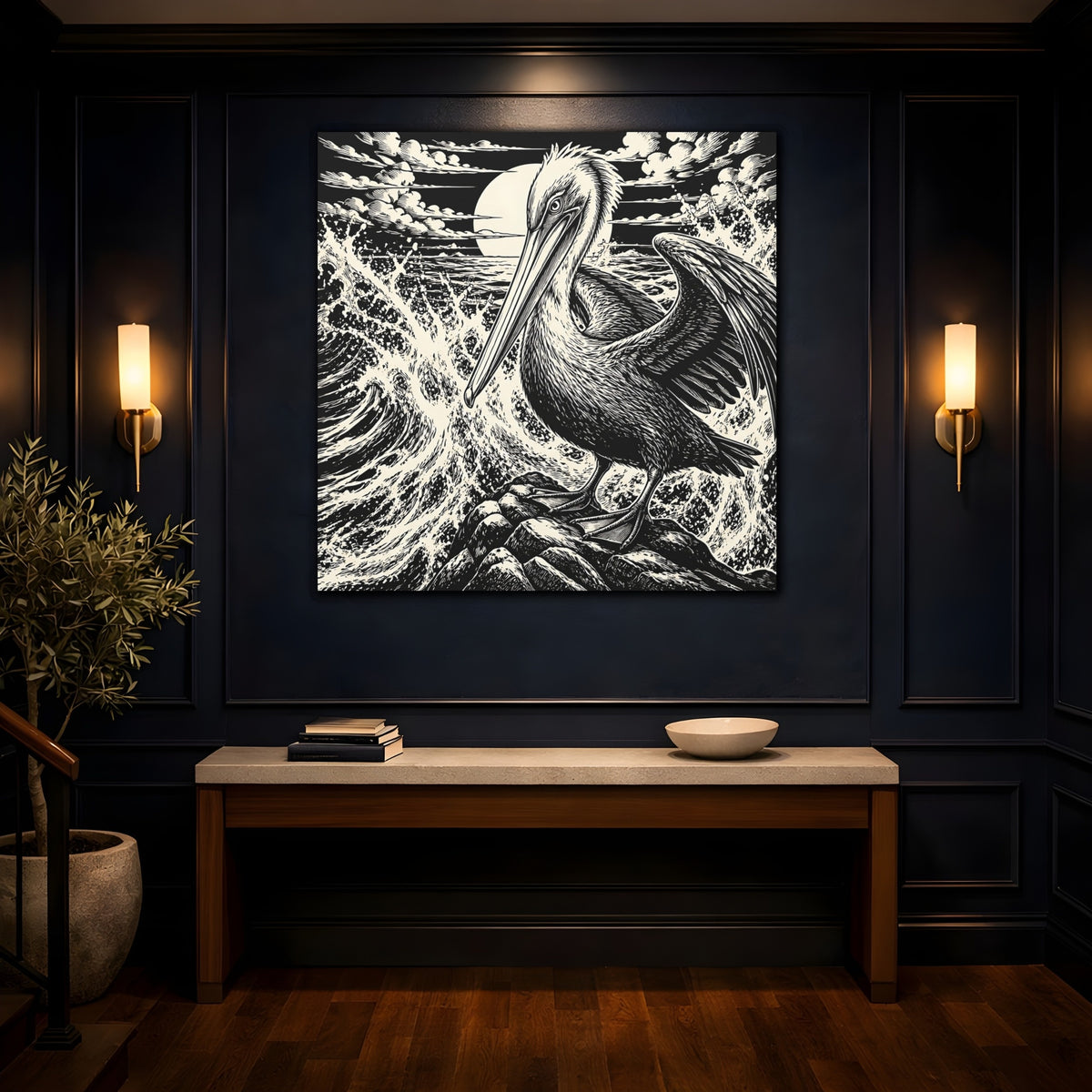 Mockup 4. Pelican Animal Illustration shown as canvas print
