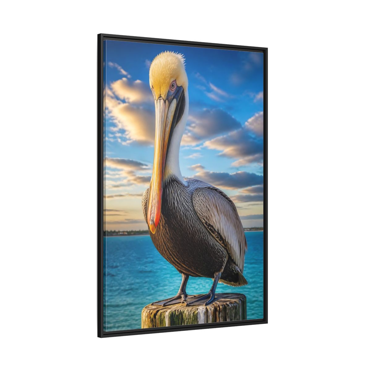 Side Mockup 12. Pelican Coastal Animal shown as framed canvas print
