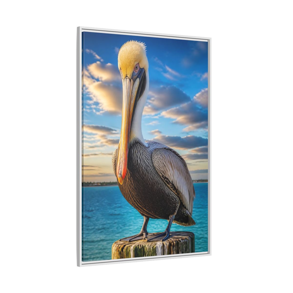 Side Mockup 7. Pelican Coastal Animal shown as framed canvas print
