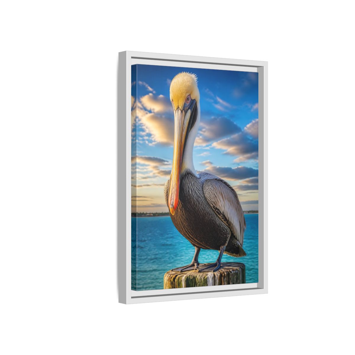 Side Mockup 4. Pelican Coastal Animal shown as framed canvas print