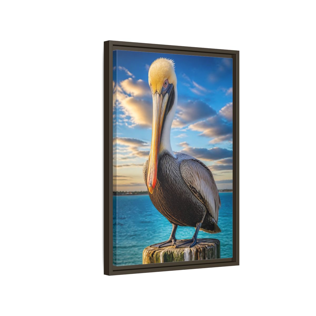 Side Mockup 2. Pelican Coastal Animal shown as framed canvas print