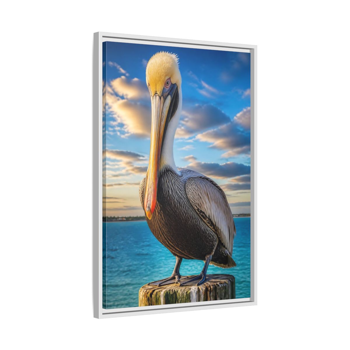 Side Mockup 10. Pelican Coastal Animal shown as framed canvas print