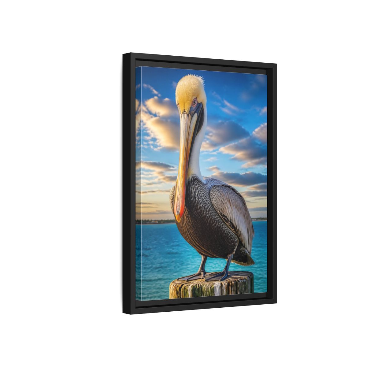 Side Mockup 6. Pelican Coastal Animal shown as framed canvas print