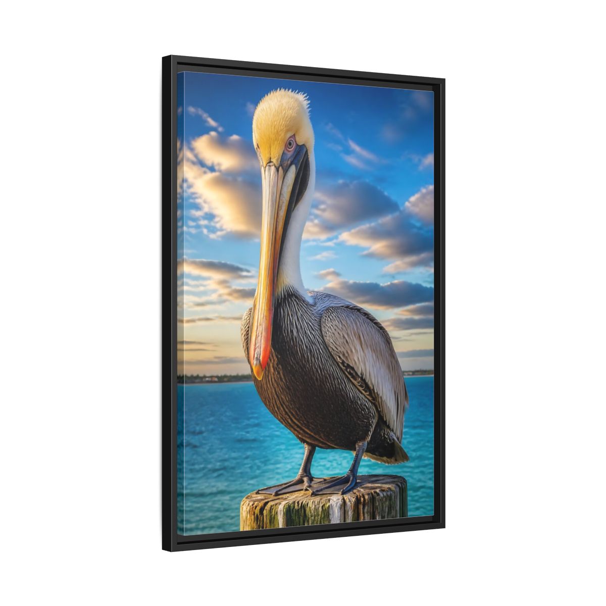 Side Mockup 14. Pelican Coastal Animal shown as framed canvas print