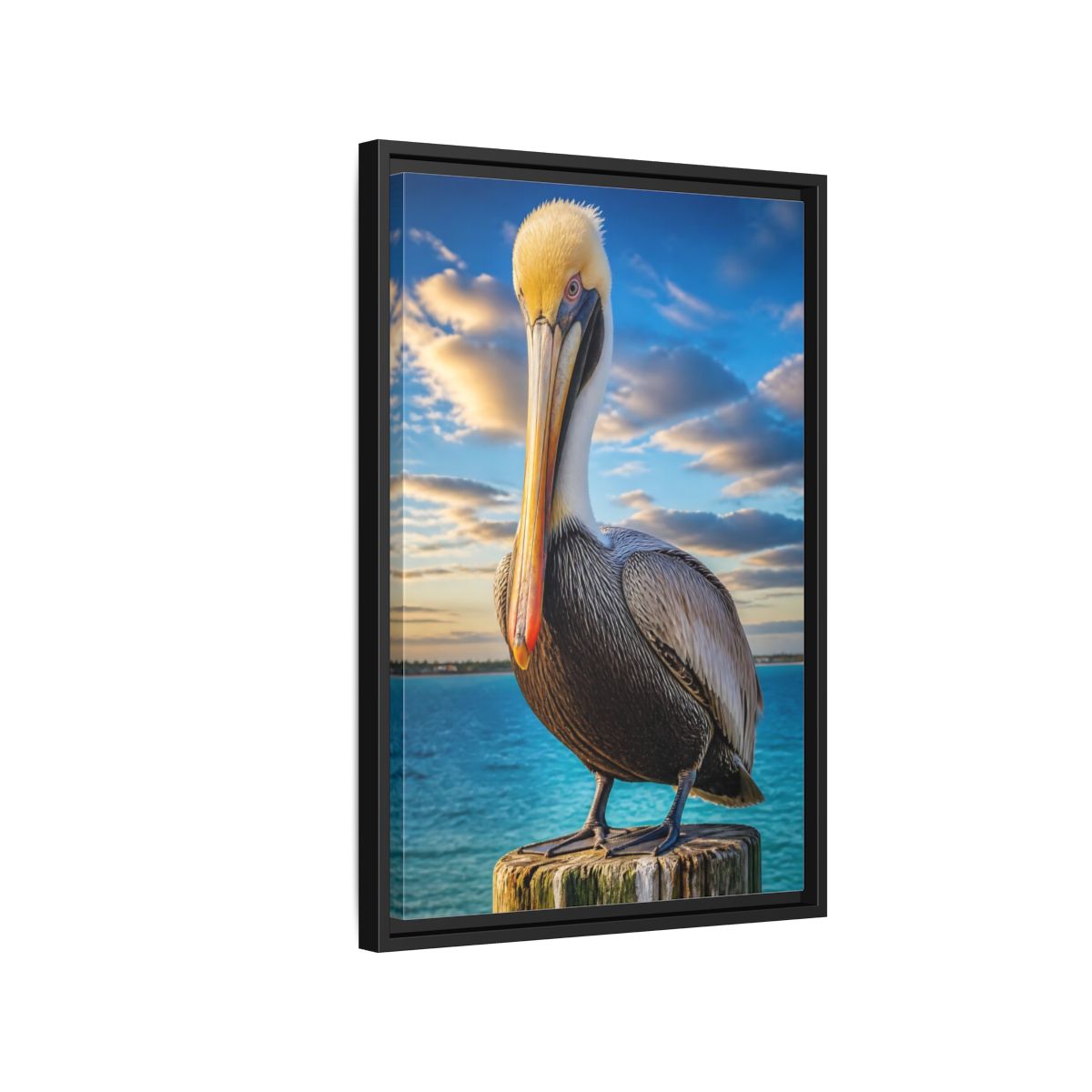 Side Mockup 3. Pelican Coastal Animal shown as framed canvas print