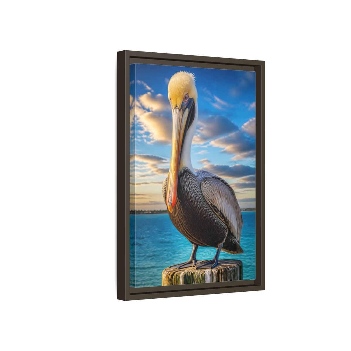 Side Mockup 5. Pelican Coastal Animal shown as framed canvas print
