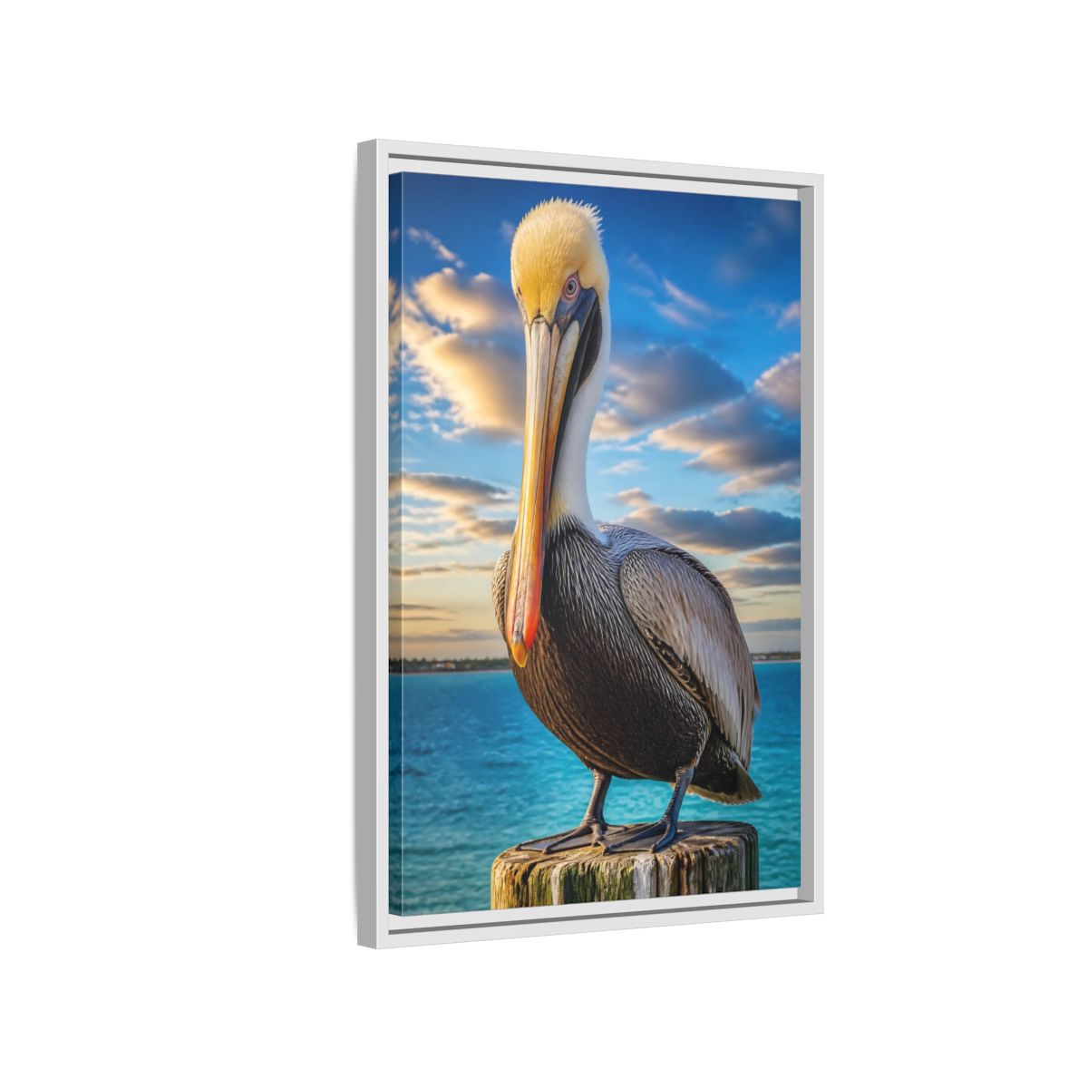 Side Mockup 1. Pelican Coastal Animal shown as framed canvas print
