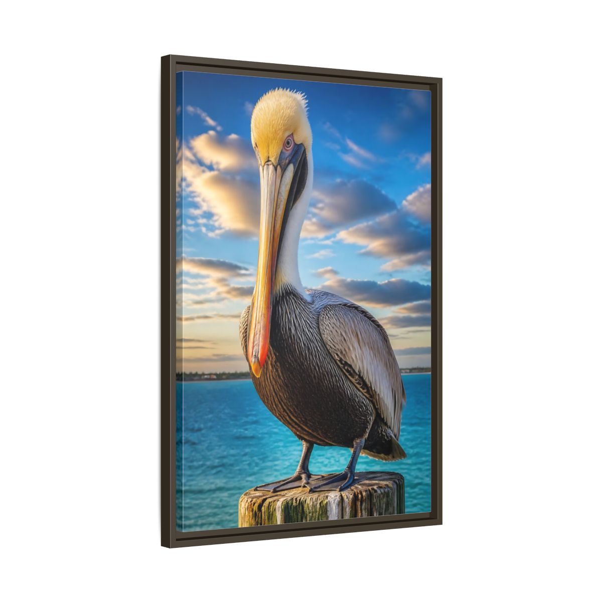 Side Mockup 11. Pelican Coastal Animal shown as framed canvas print