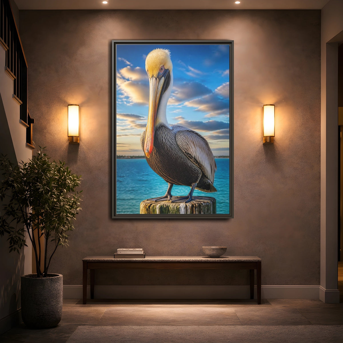 Mockup 2. Pelican Coastal Animal shown as framed canvas print