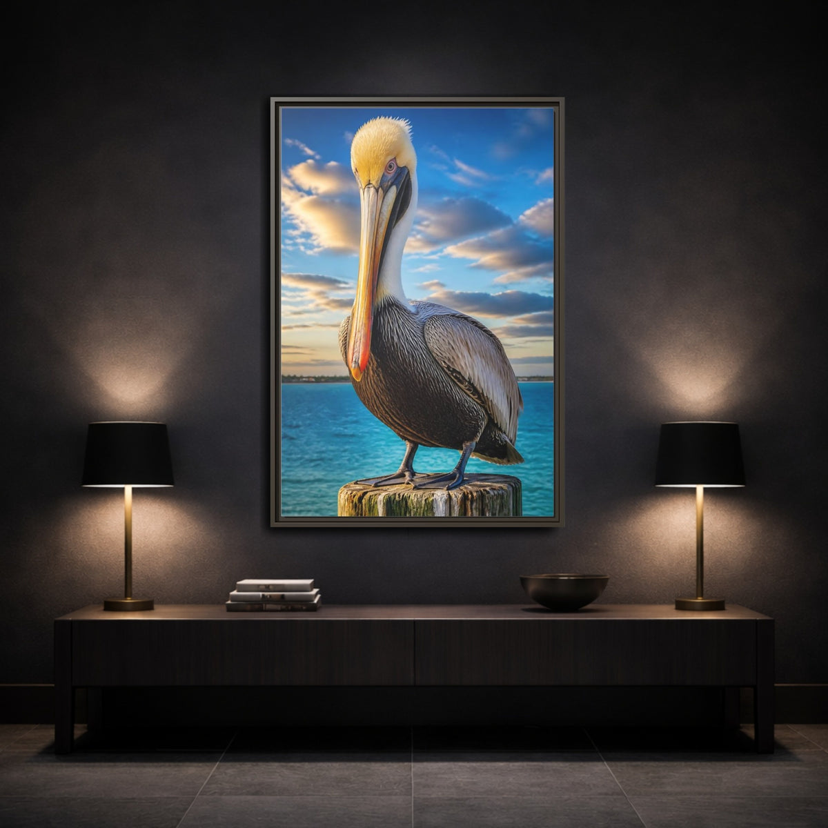 Mockup 3. Pelican Coastal Animal shown as framed canvas print