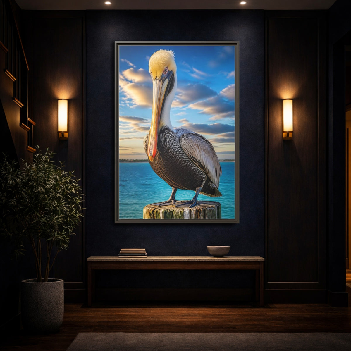 Mockup 4. Pelican Coastal Animal shown as framed canvas print
