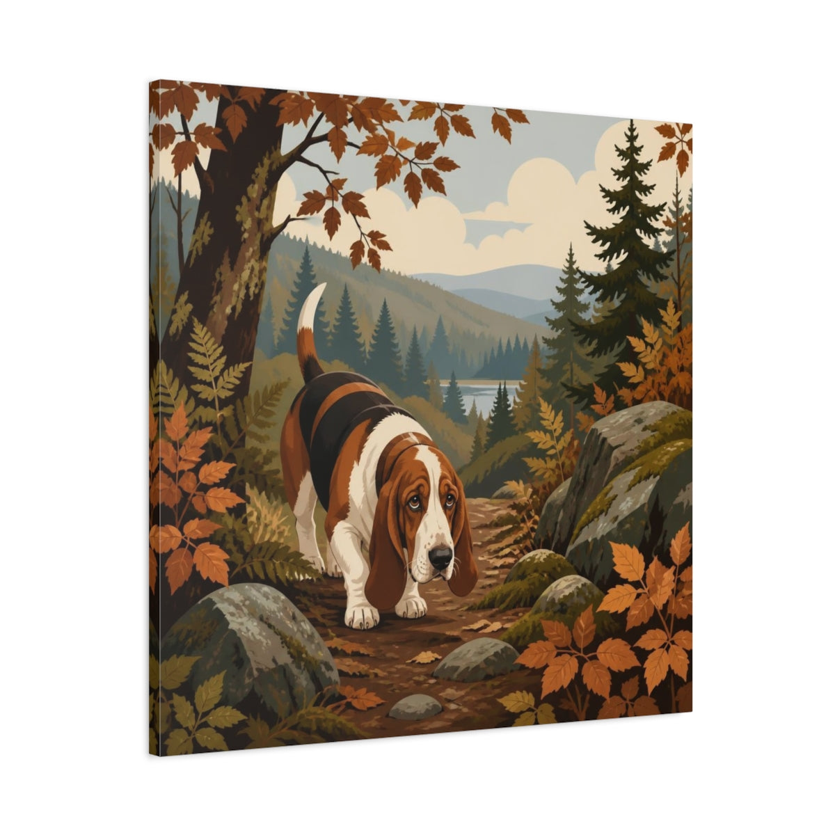 Main Mockup. Pet Basset Hound On Trail shown as canvas print