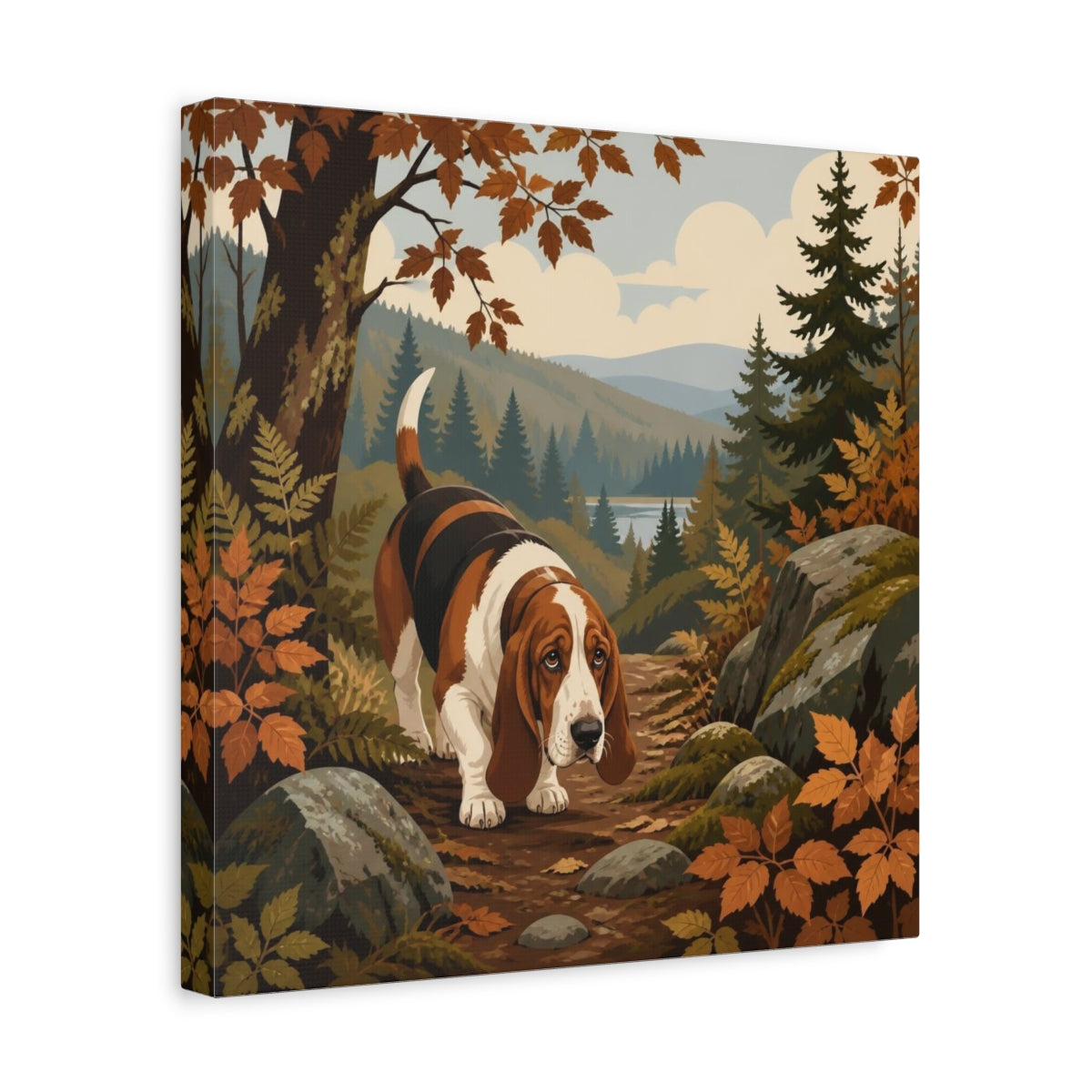 Side Mockup 7. Pet Basset Hound On Trail shown as canvas print