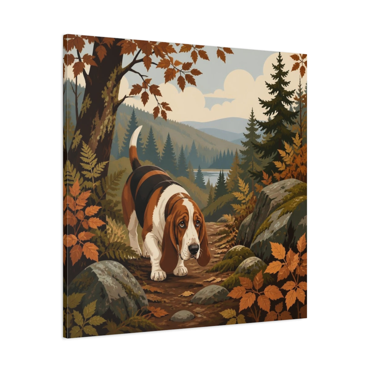 Side Mockup 1. Pet Basset Hound On Trail shown as canvas print