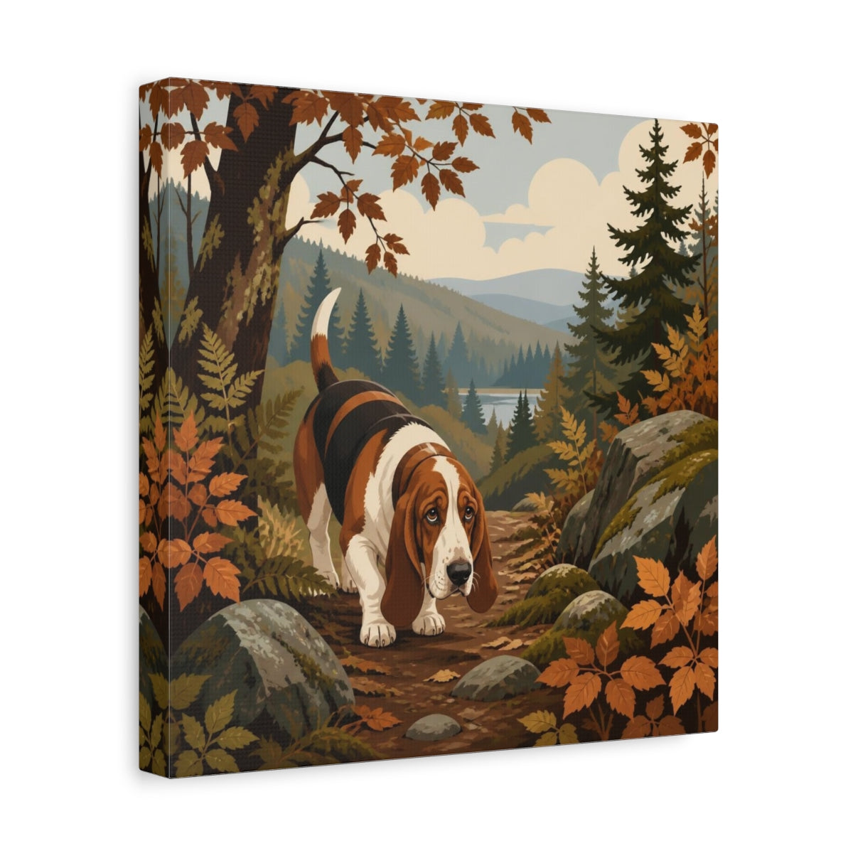 Side Mockup 8. Pet Basset Hound On Trail shown as canvas print