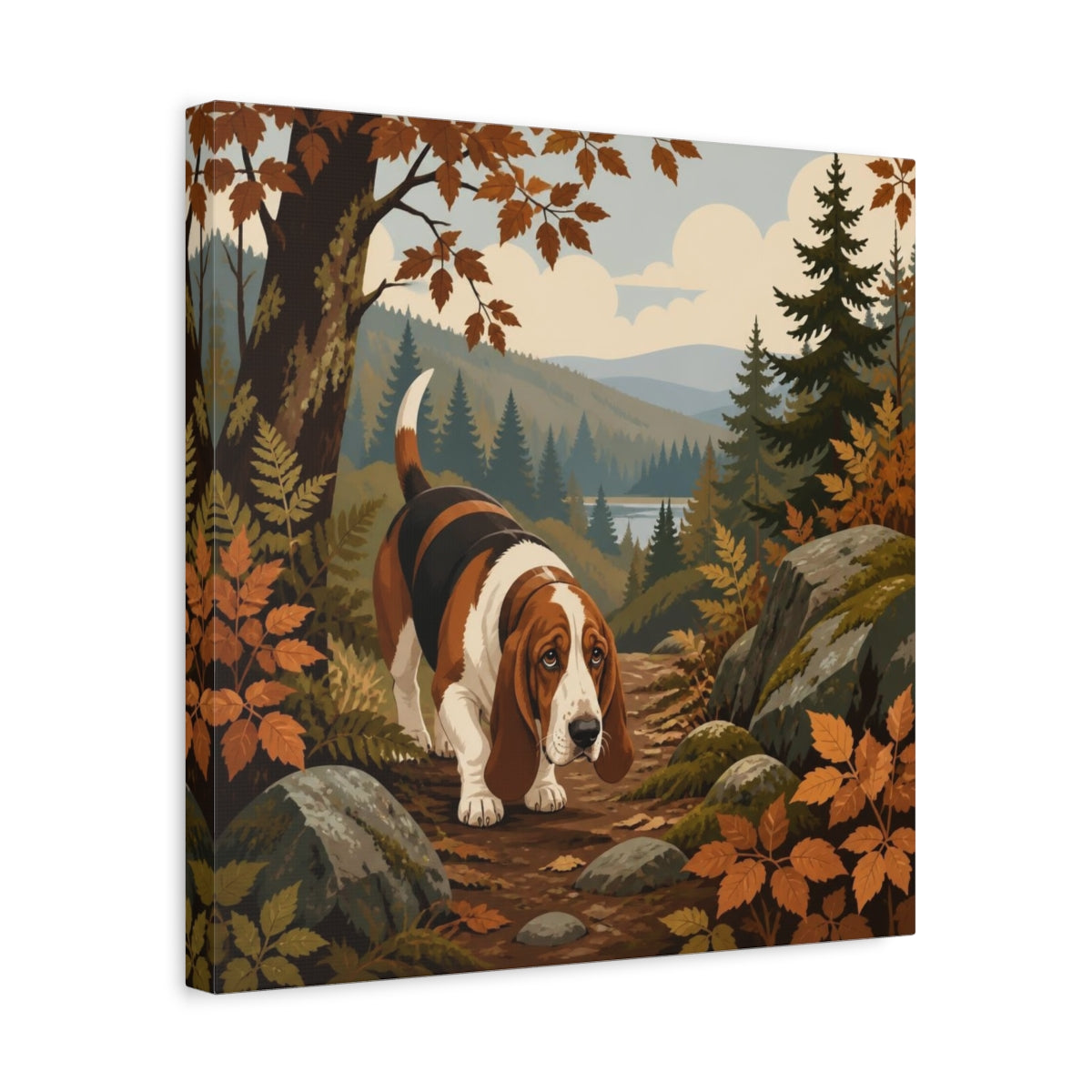Side Mockup 6. Pet Basset Hound On Trail shown as canvas print