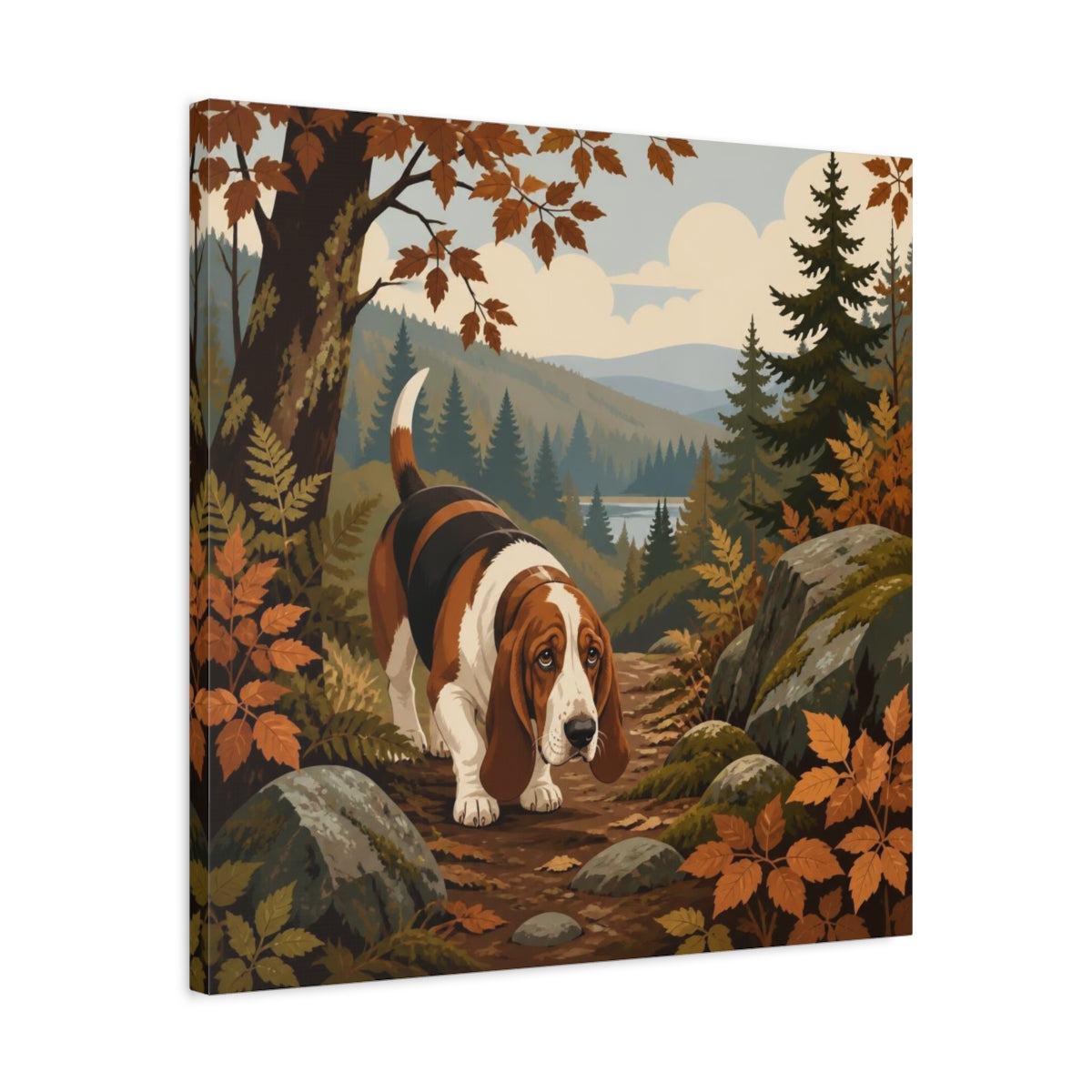 Side Mockup 4. Pet Basset Hound On Trail shown as canvas print