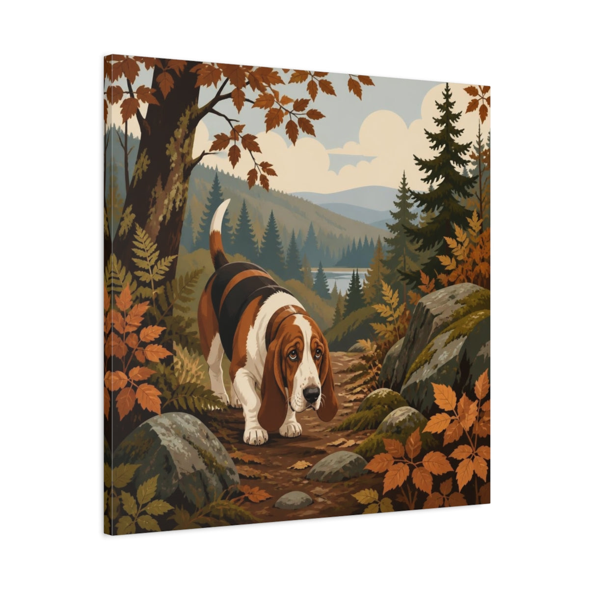 Side Mockup 3. Pet Basset Hound On Trail shown as canvas print