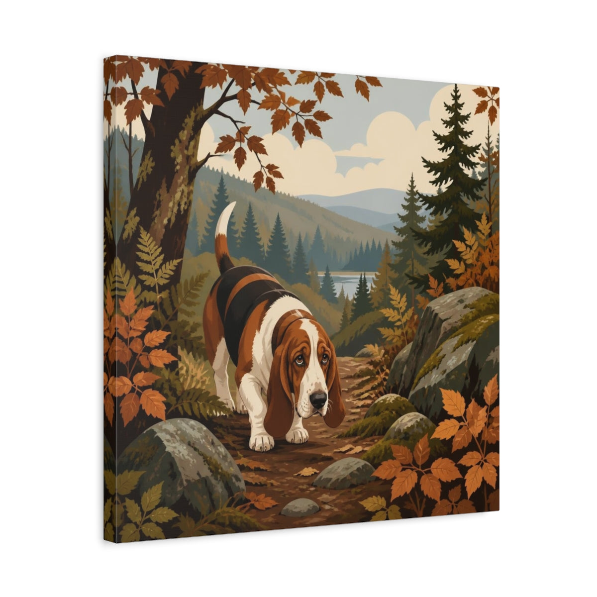 Side Mockup 5. Pet Basset Hound On Trail shown as canvas print