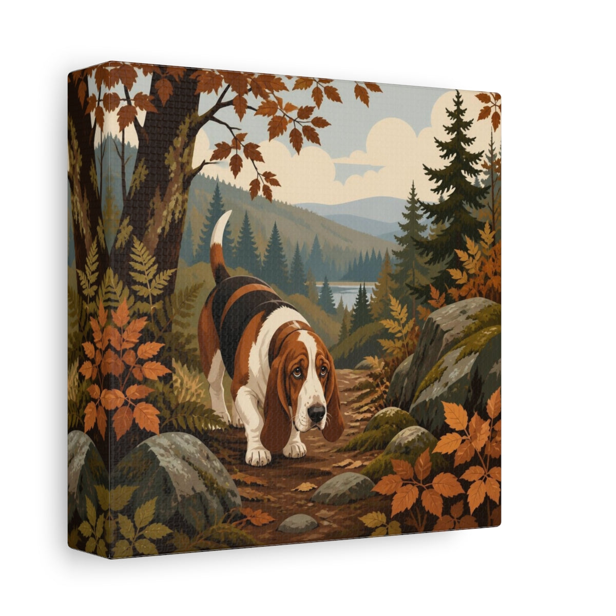 Side Mockup 2. Pet Basset Hound On Trail shown as canvas print