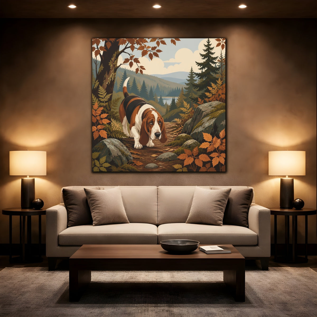 Mockup 2. Pet Basset Hound On Trail shown as canvas print