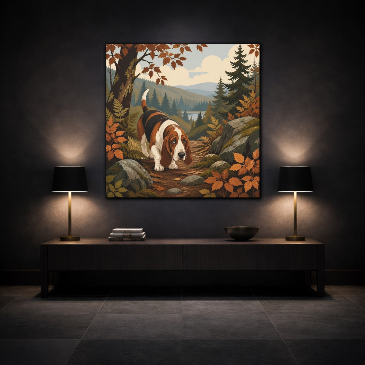 Mockup 3. Pet Basset Hound On Trail shown as canvas print