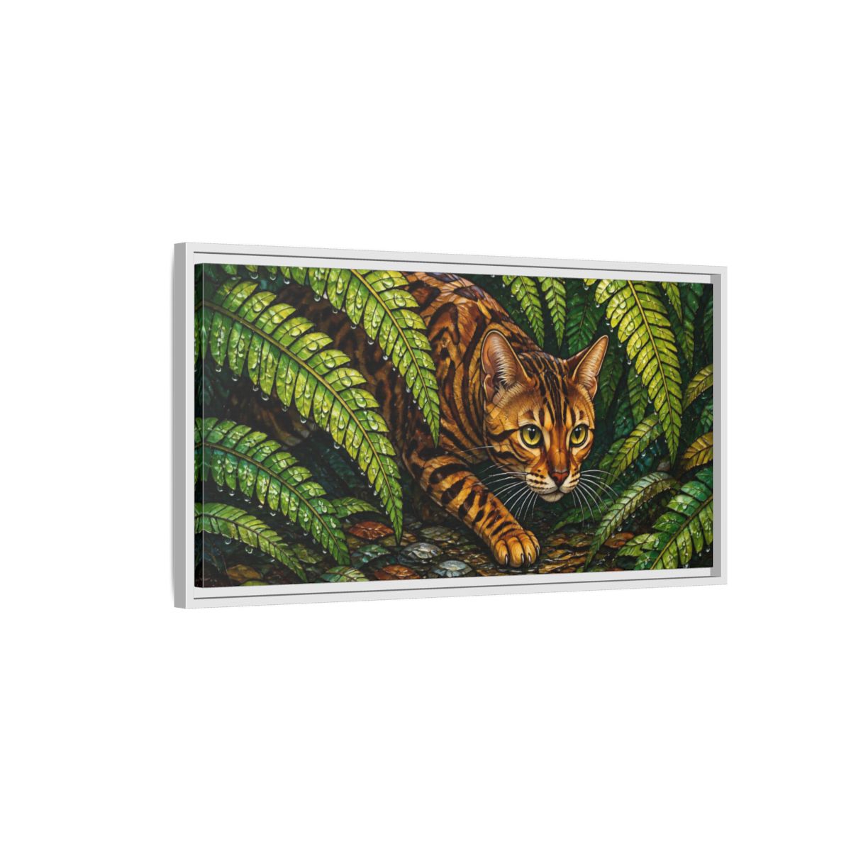 Side Mockup 1. Pet Bengal In Ferns shown as framed canvas print