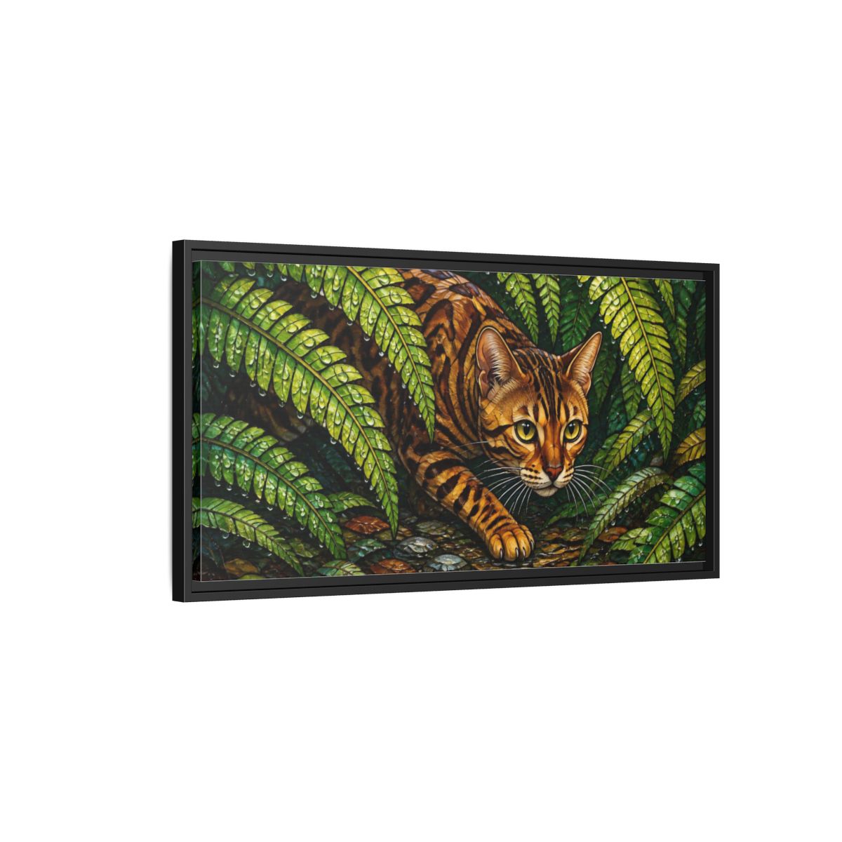 Side Mockup 2. Pet Bengal In Ferns shown as framed canvas print