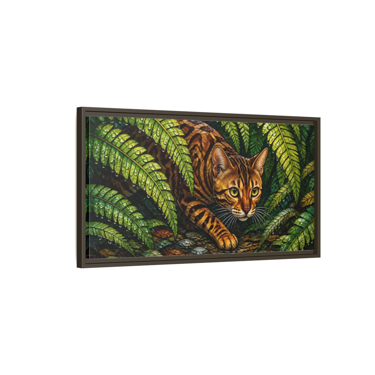 Main Mockup. Pet Bengal In Ferns shown as framed canvas print