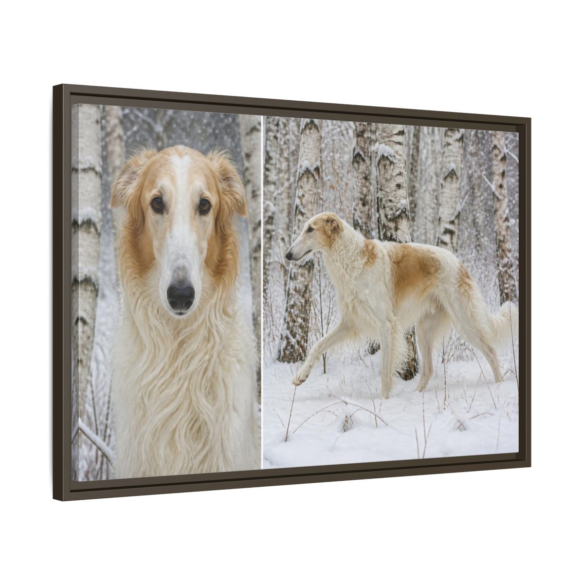 Side Mockup 11. Pet Borzoi In Snow shown as framed canvas print