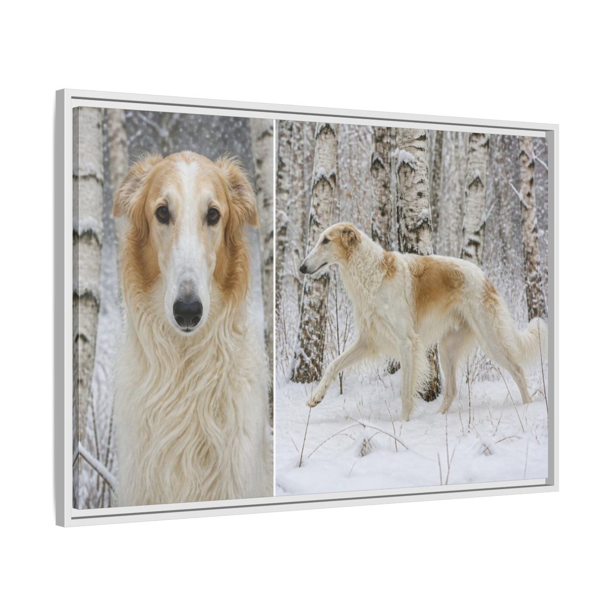Side Mockup 9. Pet Borzoi In Snow shown as framed canvas print