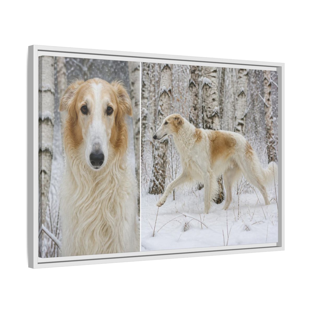 Side Mockup 10. Pet Borzoi In Snow shown as framed canvas print
