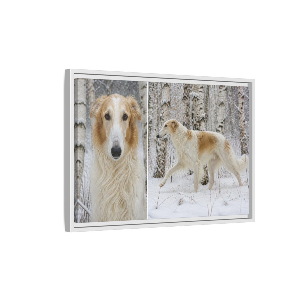 Side Mockup 1. Pet Borzoi In Snow shown as framed canvas print